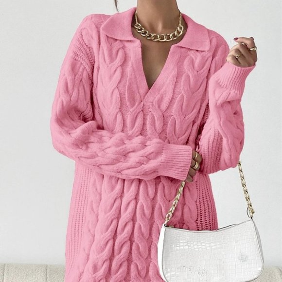 Long sleeved Cable Knit Sweater Dress Pink - Picture 4 of 5